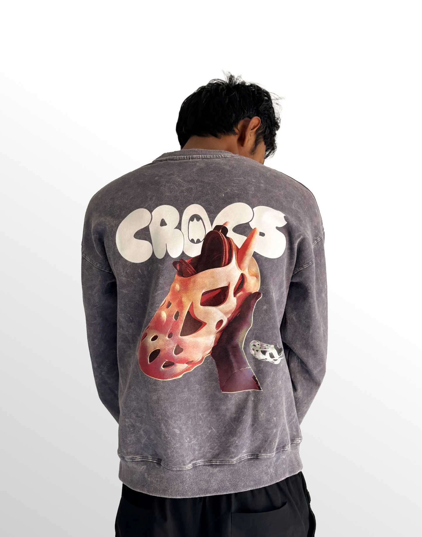 Black Acid-Washed CROCS Graphic Sweatshirt – Bold Streetwear Crewneck for Men