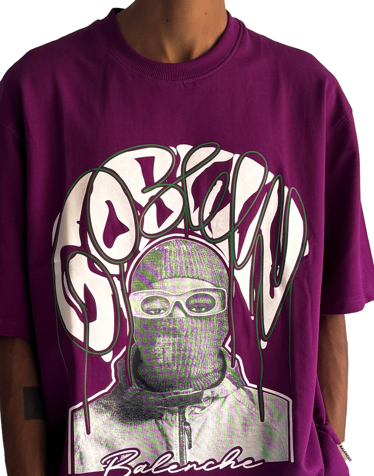 Magenta Oversized Graphic Tee – Futuristic Street Mask Print & “BalencHe” Tag