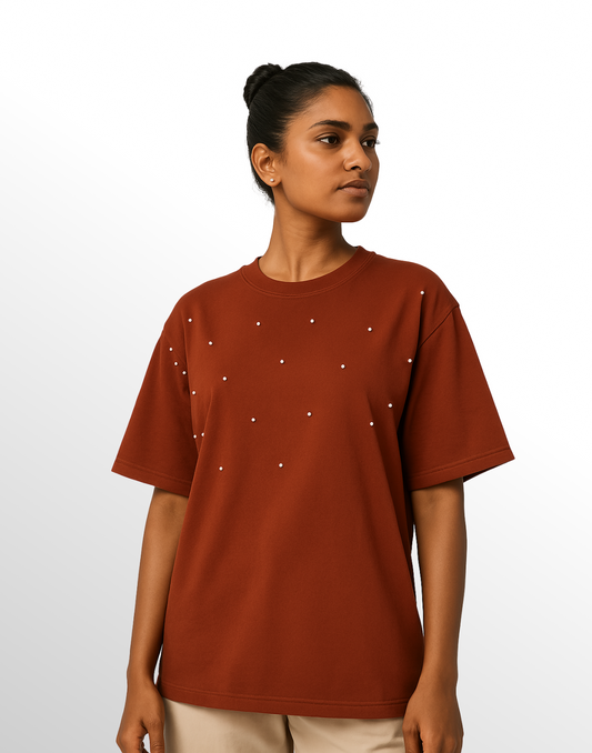 Rust Oversized T-Shirt with Pearl Stud Detailing