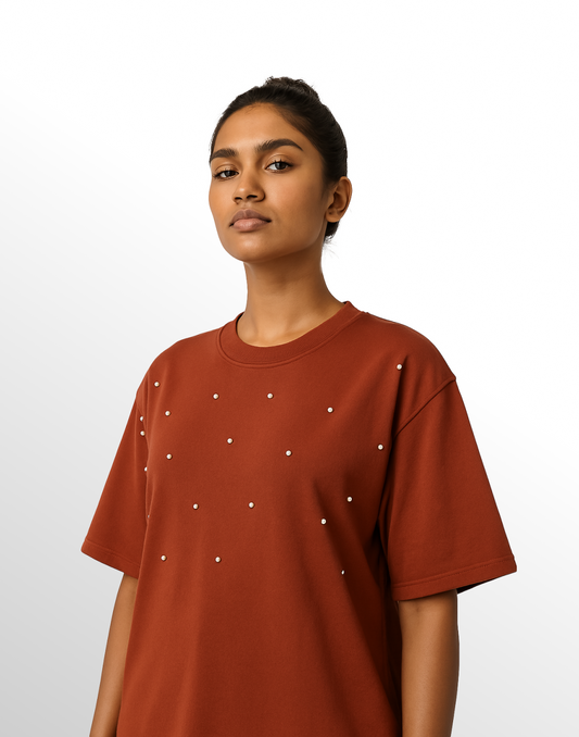 Rust Oversized T-Shirt with Pearl Stud Detailing