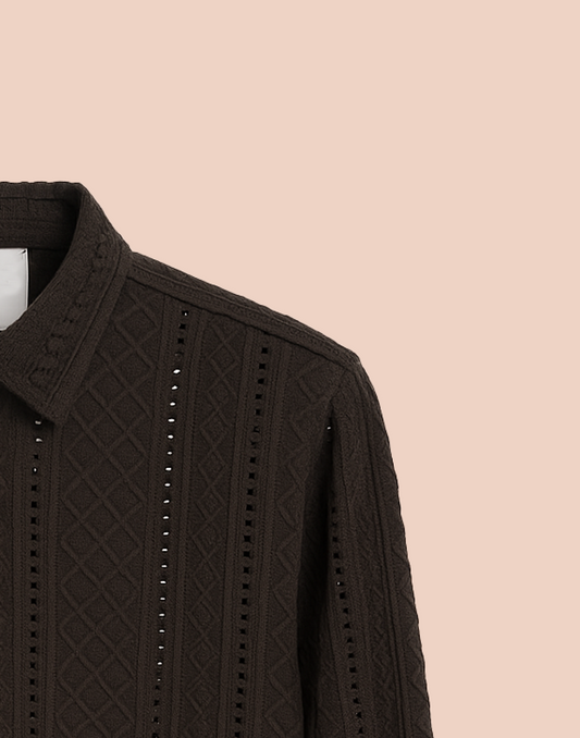 Men’s Black Lace Long Sleeve Shirt – Geometric Crochet Pattern | Statement Wear by Wishnew