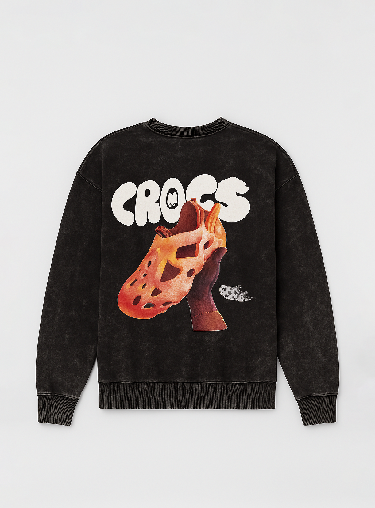 Black Acid-Washed CROCS Graphic Sweatshirt – Bold Streetwear Crewneck for Men