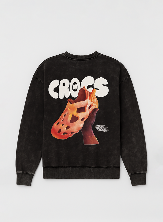 Black Acid-Washed CROCS Graphic Sweatshirt – Bold Streetwear Crewneck for Men