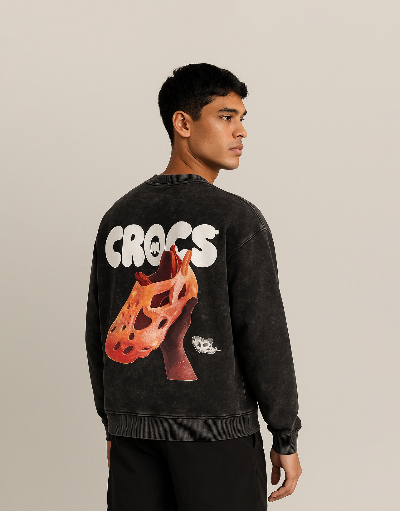 Black Acid-Washed CROCS Graphic Sweatshirt – Bold Streetwear Crewneck for Men