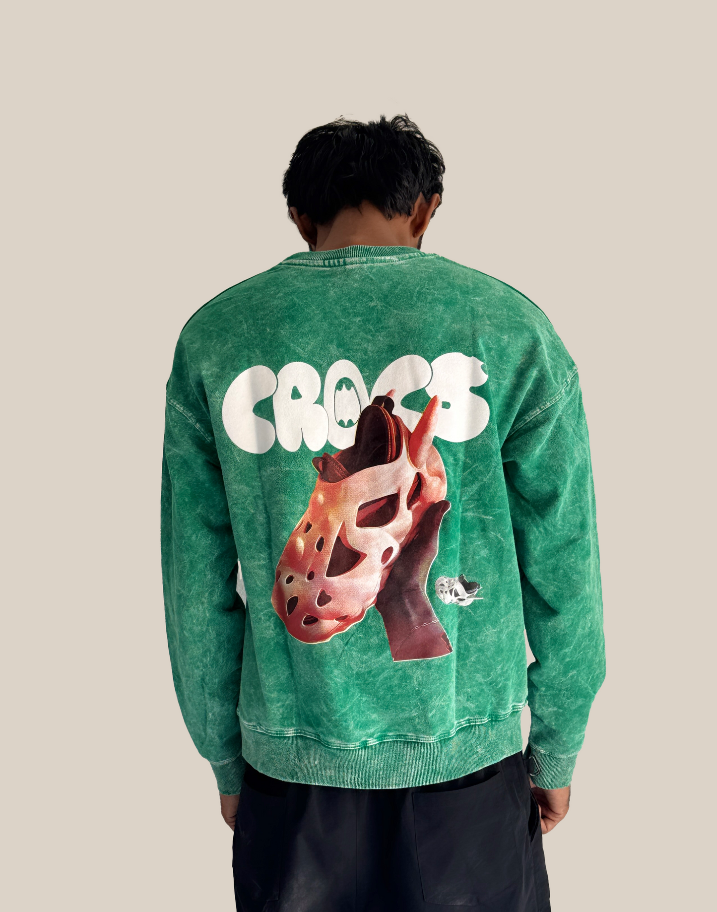Black Acid-Washed CROCS Graphic Sweatshirt – Bold Streetwear Crewneck for Men