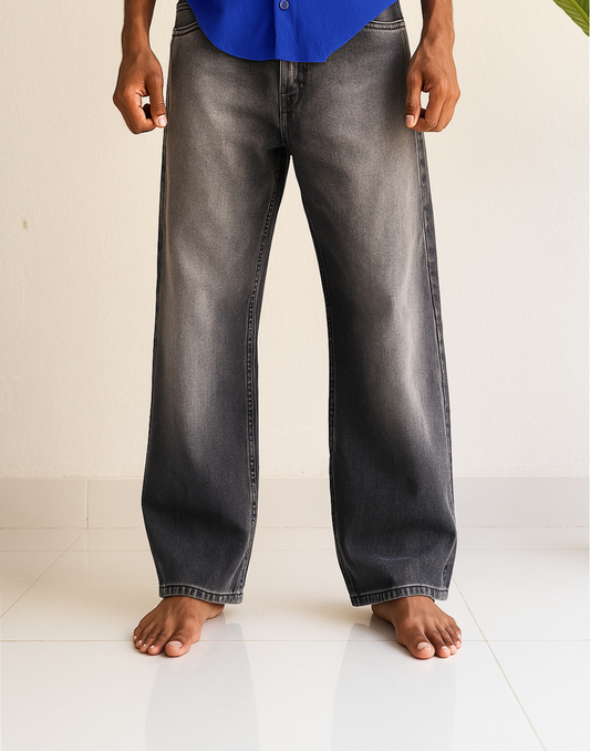 Men’s Vintage Grey Washed Wide-Leg Jeans – Wishnew Studio