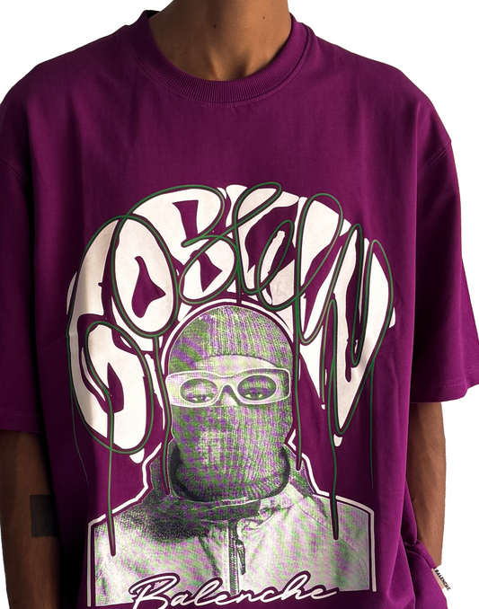 Magenta Oversized Graphic Tee – Futuristic Street Mask Print & “BalencHe” Tag