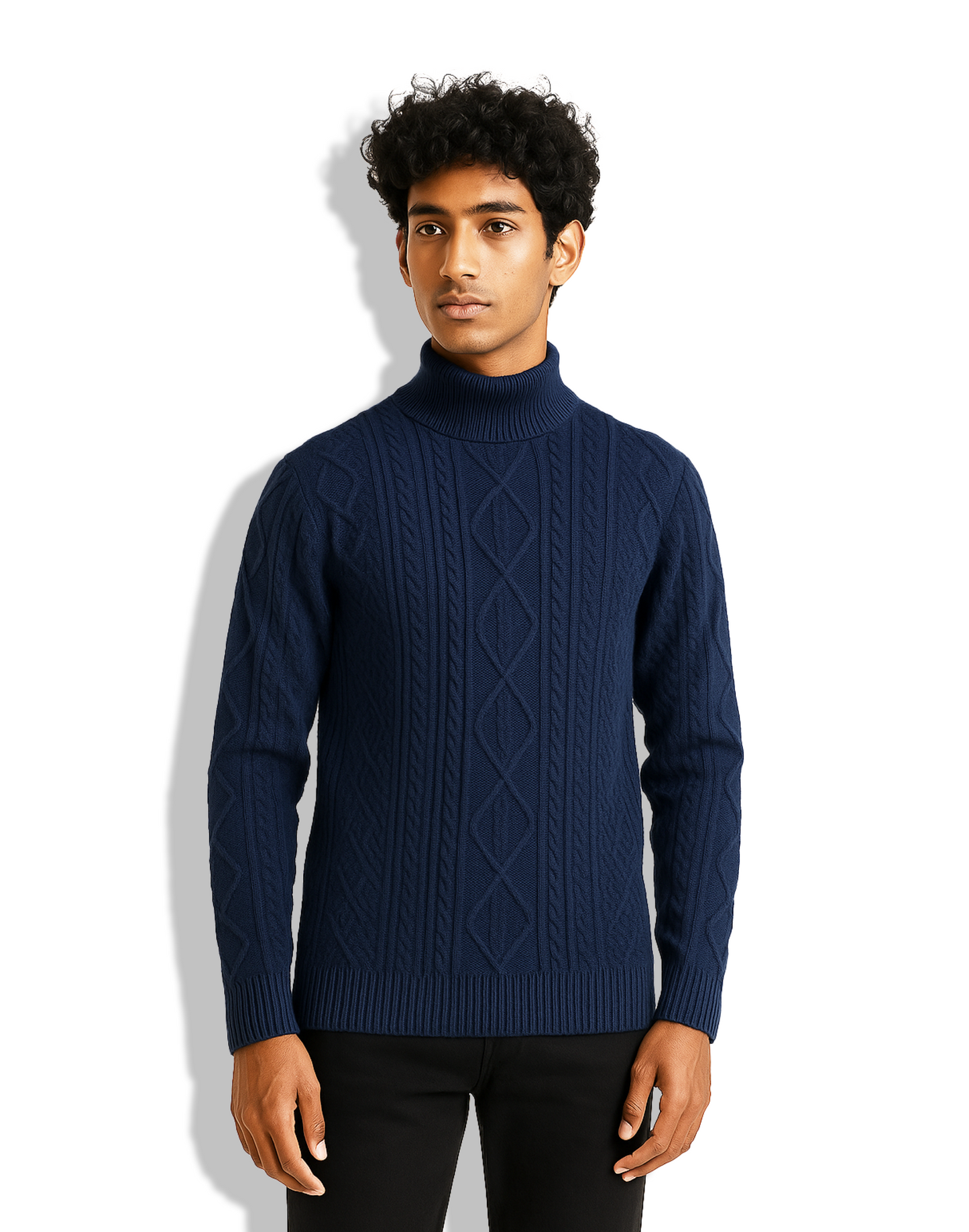 Men’s Navy Blue Cable-Knit Turtleneck Sweater