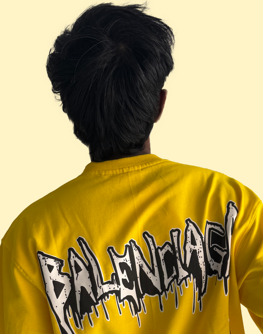 Bold Yellow Graphic T-Shirt with Balenciaga-Inspired Street Art Print – Premium Oversized Fit