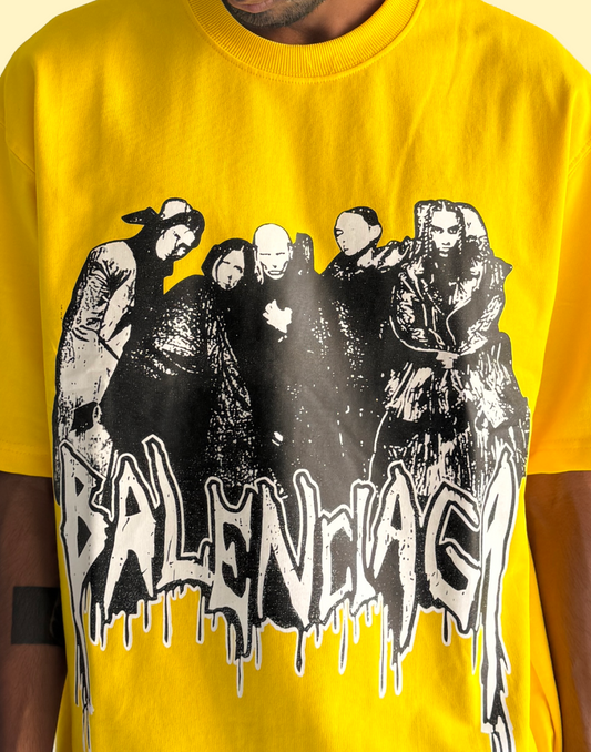 Bold Yellow Graphic T-Shirt with Balenciaga-Inspired Street Art Print – Premium Oversized Fit